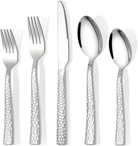Juego de cubiertos de 20 piezas de acero inoxidable martillado para 4, juego de cubiertos de cocina incluye tenedores y cucharas, cuchillos, acabado