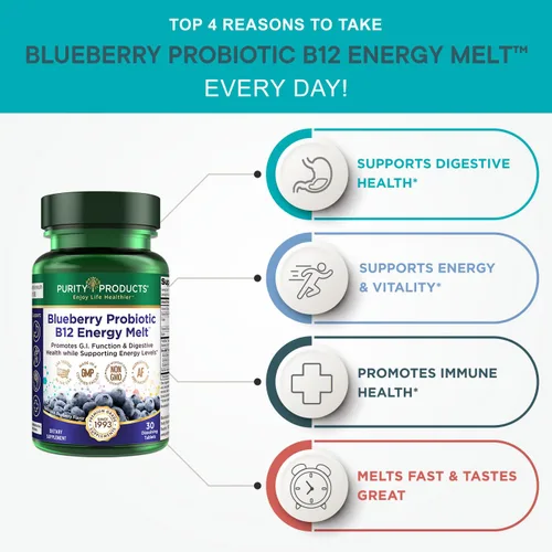 Miniatura 3 de Purity Products Blueberry Probiotic B12 Energy Melt ProDura Clinical Probiotic - Arándanos orgánicos, metilcobalamina B-12-30 derretidos