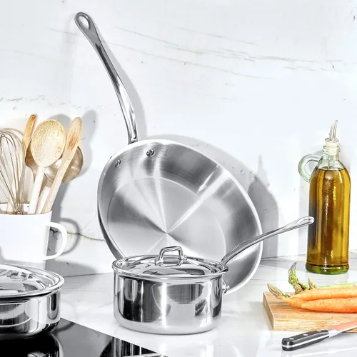 Miniatura 3 de Mauviel M'Cook - Sartén de acero inoxidable pulido de 5 capas con tapa y mango de acero inoxidable fundido, 6 cuartos de galón, fabricado en Francia