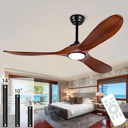 Miniatura 10 de Ventilador de techo de 52 pulgadas sin luz, con control remoto, motor CC reversible, con 3 aspas de madera maciza, para patio, sala de estar, Nogal