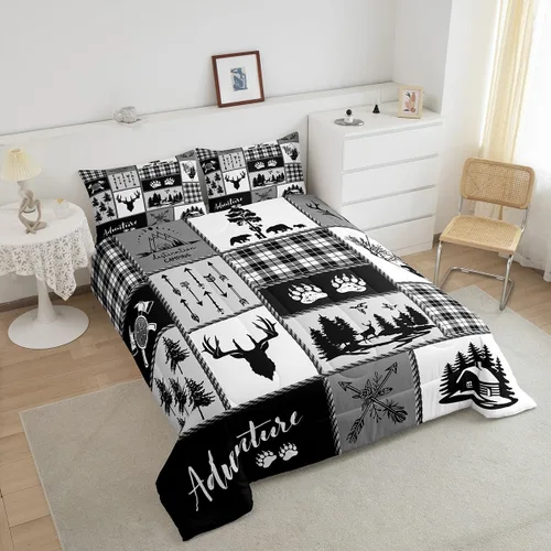 Miniatura 63 de Juego de edredón de cuernos de ciervo tamaño individual, juego de ropa de cama rústica de granja con huellas de oso y pinos para decoración