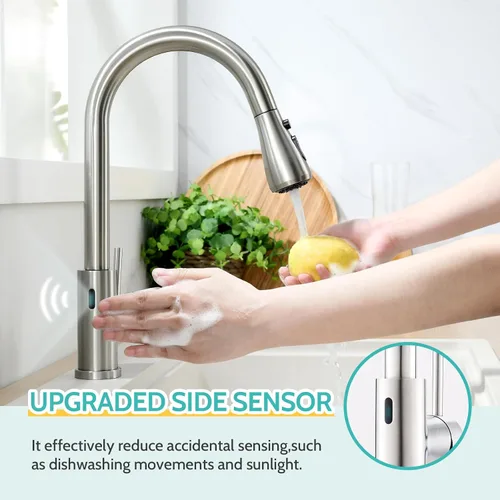Miniatura 2 de Kicimpro Grifo de cocina sin contacto con pulverizador desplegable de níquel cepillado, grifo de cocina sin contacto con sensor de movimiento