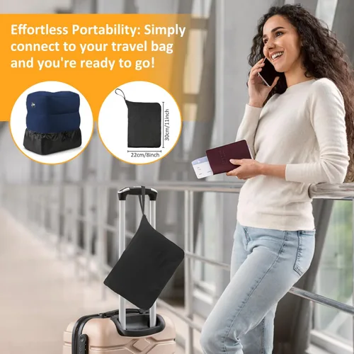 Miniatura 8 de Almohada inflable con reposapiés para viajes, altura ajustable, con máscara para los ojos y tapones para los oídos para niños y adultos en avión