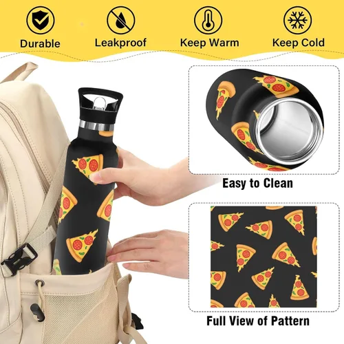Miniatura 4 de Kids Water Bottle with Straw 20 Oz Water Bottle Insulated for Boys Girls, BPA-Free, Cartoon Slices Pizza Black