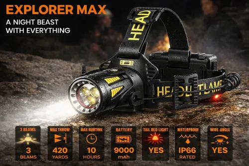 Miniatura 3 de Linterna frontal recargable de triple haz, 6500K 3 LED P50.2, haz de 450 yardas, IP66