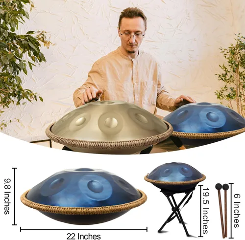 Miniatura 2 de Handpan 22 pulgadas D Minor Kurd Handpan 9 Notas Handpan Instrumento para rendimiento profesional, 440HZ Sonido Handpan Tambores para adultos