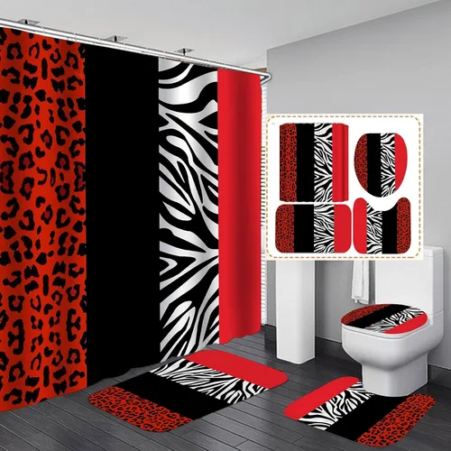 Juego de 4 piezas de cortina de ducha con estampado de leopardo, con alfombra, cubierta de tapa de inodoro y tapete de baño, cortina de ducha roja y