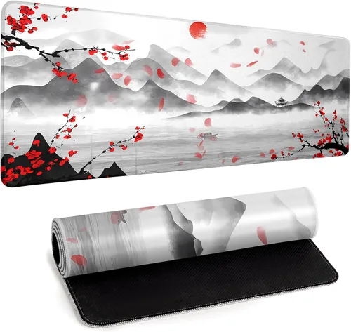Miniatura 9 de Alfombrilla de mouse japonesa para juegos de flor de cerezo, alfombrilla de escritorio grande con borde cosido, base de goma antideslizante, Pintura