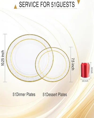 Miniatura 3 de Nervure 102 platos de plástico dorado – Los platos desechables de fiesta dorados transparentes incluyen 51 platos llanos de 10.25 pulgadas y 51