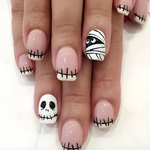 Miniatura 2 de Uñas postizas de punta francesa para Halloween, uñas postizas cortas cuadradas con diseños de parches de calavera, cobertura completa, uñas postizas