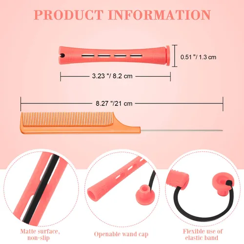 Miniatura 2 de 48 varillas de cabello ondulado frío y rizadores de plástico con peine de acero para peluquería y peinado (rosa, 0.51 pulgadas/0.5 in)