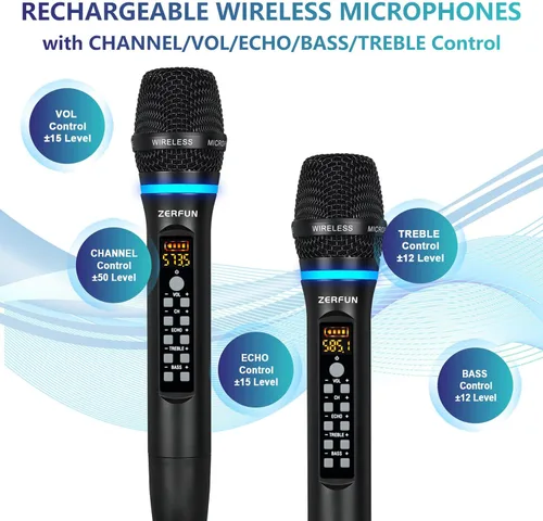 Miniatura 3 de Micrófonos inalámbricos duales recargables, sistema de micrófono inalámbrico de metal UHF micrófono inalámbrico profesional con control de eco