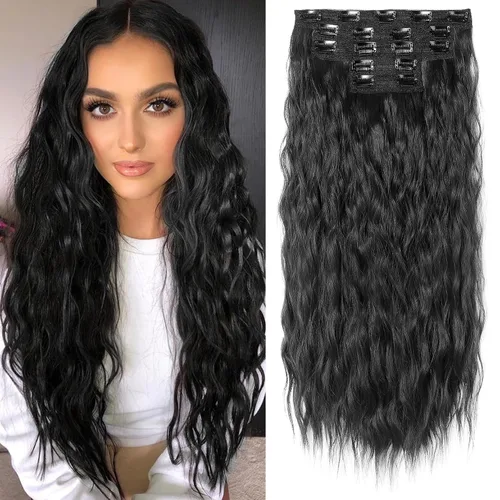 Miniatura 19 de REECHO Extensiones de cabello con clip, 5 piezas, de 24 pulgadas, de color rubio ceniza, extensiones de cabello con ondas largas y sueltas, HE002