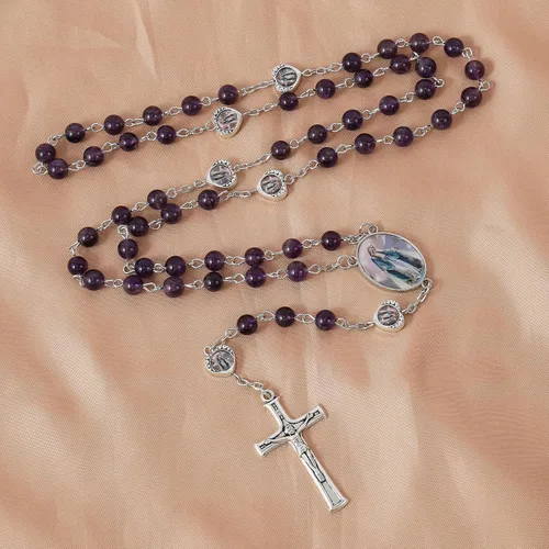 Miniatura 7 de Nazareth Store Cuentas de piedra natural con corazón de epoxi milagroso, cuentas de metal, collar de rosario, regalos cristianos de piedras preciosas
