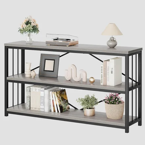 Miniatura 10 de LVB Mesa Consola Industrial de Granja, Mesas de Sofá de Entrada de Metal y Madera con Almacenamiento, Mesa de Entrada Rústica Larga de 3 Niveles