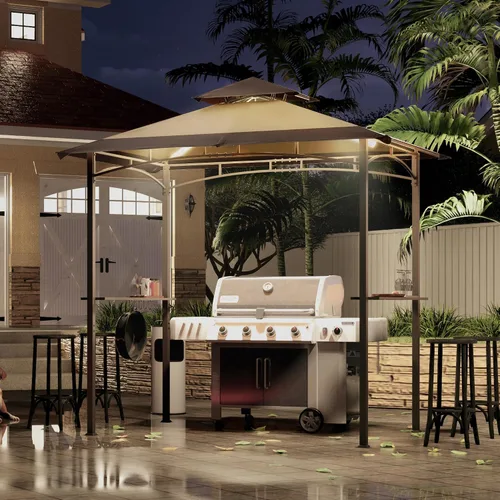 Miniatura 5 de MASTERCANOPY Gazebo de parrilla de 8 x 5 para exteriores, toldo con 2 luces LED (costuras marrones caqui)