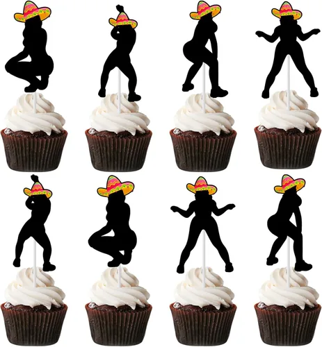 Cheereveal 24 piezas de adornos para cupcakes de fiesta Twerk para niñas y mujeres, palillos de sombrero, fiesta mexicana, temática divertida de