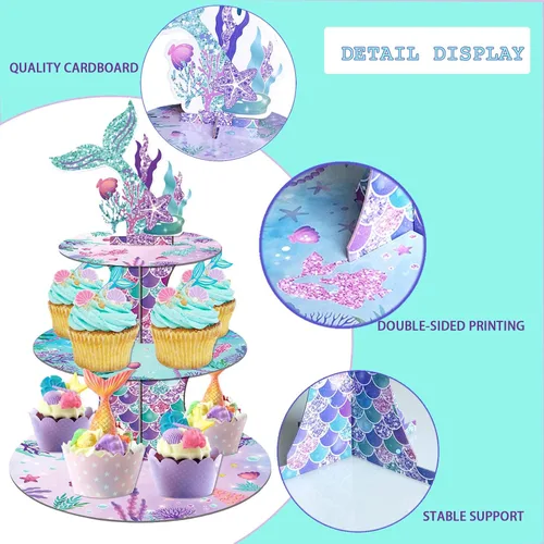 Miniatura 4 de Soporte para cupcakes de sirena, 3 niveles con 12 adornos Bajo el tema del mar, decoraciones de fiesta de cumpleaños para niñas, suministros