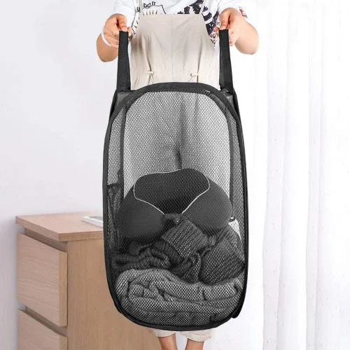 Miniatura 5 de Paquete de 2 cestas de malla desplegable para la ropa sucia (negro/azul marino) con asas duraderas portátiles, plegables para almacenamiento, cestas