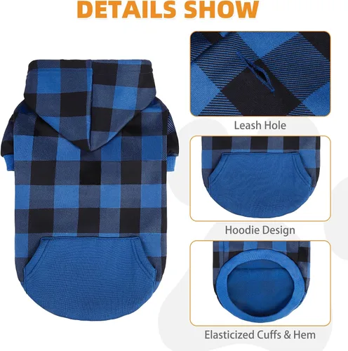 Miniatura 3 de KOOLTAIL Sudadera a cuadros con capucha, con gorro y bolsillo, para perros pequeños, medianos y grandes y gatos, abrigo suave y cálido para invierno