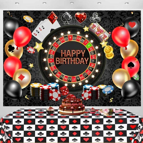 Miniatura 3 de Sensfun Telón de fondo de cumpleaños de casino de póquer Las Vegas, fondo de fiesta de cumpleaños, fichas de ruleta, tema de noche, decoraciones