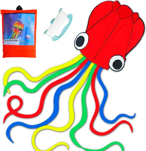 Miniatura 7 de Honbo Cometa de pulpo suave arcoíris para niños y audlts, cometa grande con línea de vuelo de 200 pies, juguete fácil de volar para juegos al aire