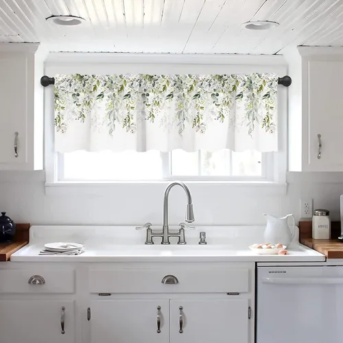 Miniatura 2 de Cortinas Cenefa Verde Salvia Floral Cocina con Bolsillo para Barra Paneles Cortos Acuarela Hojas de Eucalipto Retro Tratamiento de Ventana Cortinas