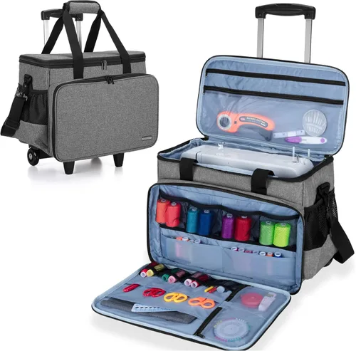 Miniatura 8 de LUXJA Estuche para máquina de coser con plataforma desmontable y almohadilla inferior extraíble, bolsa rodante que se adapta a la mayoría de Morado