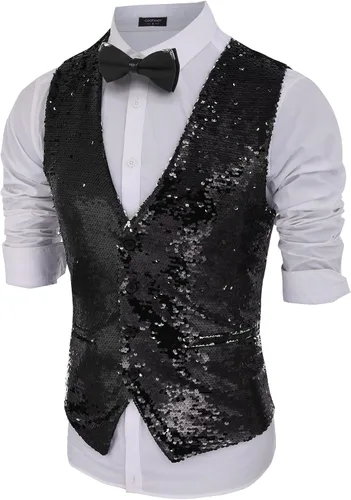 Miniatura 2 de COOFANDY Chaleco de lentejuelas para hombre, con cuello en V, brillante, elegante, chaleco