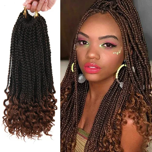 Miniatura 15 de Trenzas de ganchillo para mujer, 144 raíces/paquete, trenza negra con extremos rizados, trenzas de caja de 14 pulgadas, 24 mechones por pieza