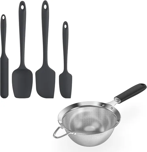 U-Taste Juego de 4 espátulas de silicona sin BPA de alta resistencia de 600ºF y acero inoxidable 18/8 de 5.5 pulgadas 30 colador de malla (negro)