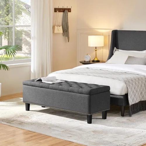 Miniatura 4 de Yaheetech Banco otomano clásico de entrada de 50 pulgadas con almacenamiento, taburete multiusos para reposapiés, color gris oscuro, 2