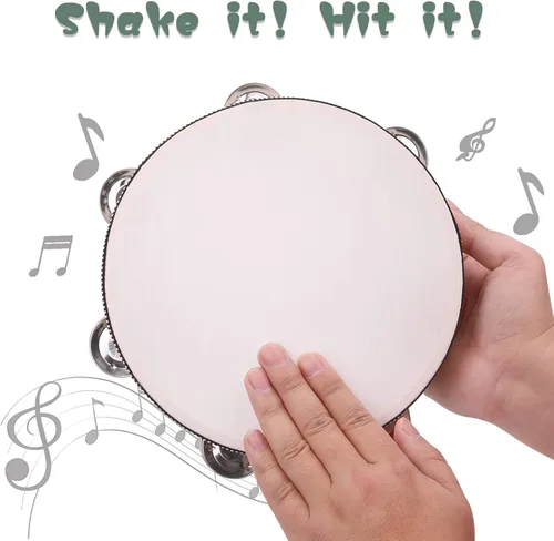 Miniatura 5 de Paquete de 2 panderetas de doble fila de 8 pulgadas para adultos, pandereta de tambor de mano de madera con cascabeles de metal, instrumentos