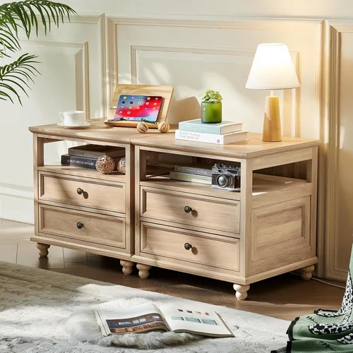 Miniatura 7 de Joaxswe Mesita de noche estilo granja con estación de carga, mesa auxiliar de 61 cm de ancho con 2 cajones, cómoda natural para dormitorio, cómoda
