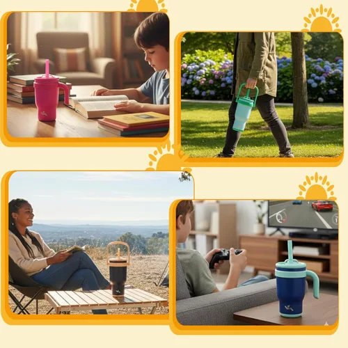 Miniatura 6 de Konokyo Vaso de 14 onzas con asa lateral, botella de agua aislada con popote y tapa 2 en 1, taza de acero inoxidable, taza de café de viaje