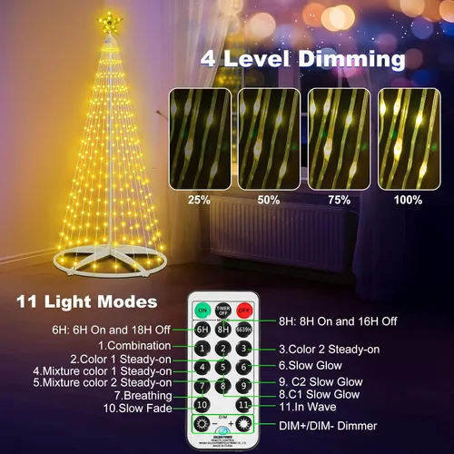 Miniatura 4 de Árbol de Navidad iluminado con conos, 250 luces LED de 1.8 m con 11 modos de iluminación, temporizador, control remoto, árbol artificial de Navidad