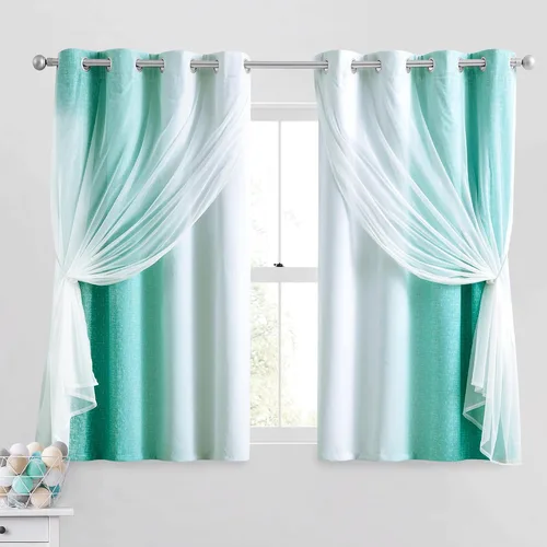 Miniatura 34 de Cortinas 100% opacas con superposición de gasa Mix and Match de doble capa, 54 pulgadas de largo, 2 paneles para dormitorio y sala de estar, azul