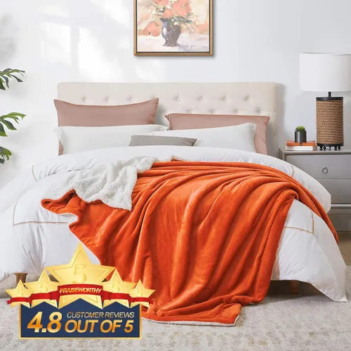 Miniatura 4 de Walensee Manta de vellón Sherpa (Tamaño de manta de 50 x 60 pulgadas, naranja) Manta de felpa peluda súper suave reversible de franela de microfibra