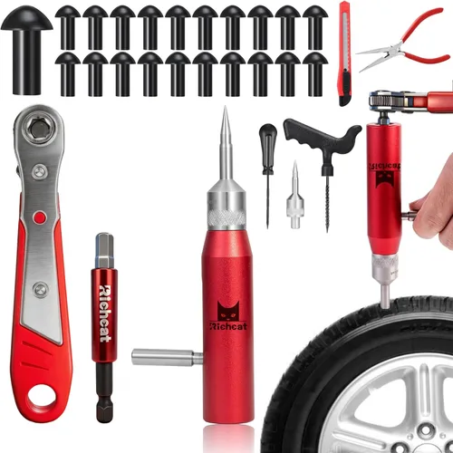 Richcat Kit de reparación de pinchazos de neumáticos sin cámara con tapón de seta, repara pinchazos y neumáticos planos para motocicletas,