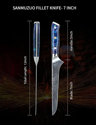 Miniatura 4 de Cuchillo de filete de 7 pulgadas, VG10 Damasco cuchillo para deshuesar peces con mango de resina - Serie Xuan (azul zafiro)