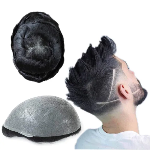 HAIR NATURE Toupee para hombres, sistemas de reemplazo de cabello humano, 0.001 in piel ultra fina V-looped Jet Black piezas de cabello 8x10#1
