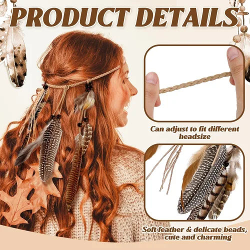 Miniatura 3 de XunYee Paquete de 3 pinzas para el pelo de plumas de Halloween, 1 diadema de plumas bohemias, extensión de pelo hippie con clip de peine