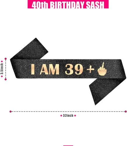 Miniatura 3 de PartyForever Cinta decorativa de cumpleaños número 40 para mujer, con texto "I AM 39 Plus 1 dedo medio, negro, 32 pulgadas de largo con letras