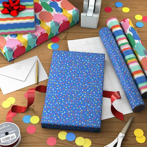 Miniatura 3 de Hallmark Mini rollos de papel de regalo de cumpleaños, paquete de 3 (rayas de arco iris, globos coloridos, lunares sobre azul) para graduaciones