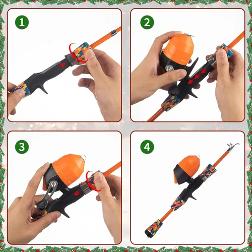 Miniatura 5 de Juego de caña de pescar para niños, caña de pescar telescópica portátil y carrete combo completo para niños, niñas, principiantes, jóvenes Naranja