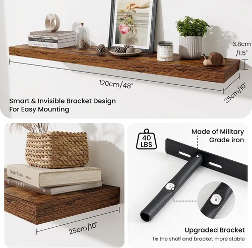 Miniatura 3 de Estantes flotantes de 48 pulgadas para pared, estante de chimenea de 10 pulgadas de profundidad, estantes flotantes de madera para pared, estantes