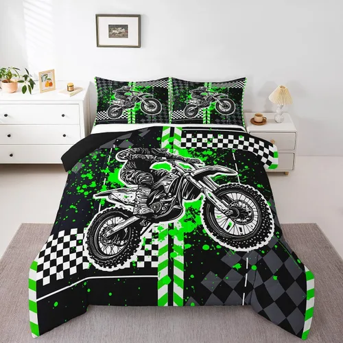 Feelyou Kids Green Dirt Bike Duvet Insert Twin Size, Extreme Sports Comforter Set Boys Girls Motorbike Bedding Set Teens Bedroom Decor Microfiber