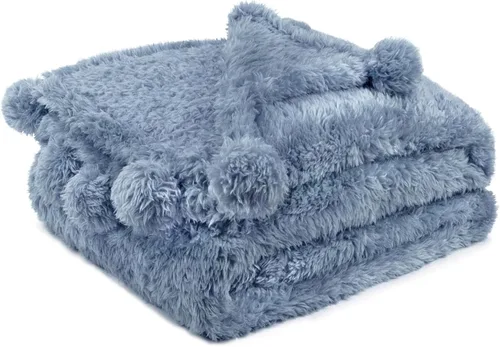 Miniatura 19 de PAVILIA Manta de sherpa negra para sofá, cálida manta de felpa con pompones, manta mullida para sofá, ligera, suave y acogedora con pompones, 50 x