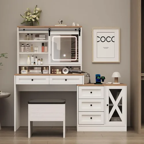 Miniatura 9 de ALBAD - Escritorio de tocador de granja de 56 pulgadas con espejo y luces, color blanco Rustic Makeup Vanity Table/Dresser, Charging Station Power