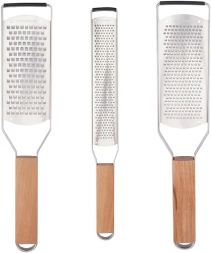 SHIKORI Ralladores profesionales de queso para cocina de acero inoxidable, rallador de metal con mango de madera para queso, chocolate, especias, 3